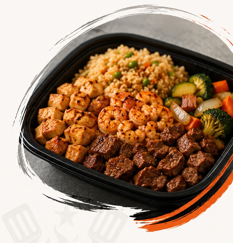 A Texas Best Hibachi trio plate with fried rice and grilled vegetables