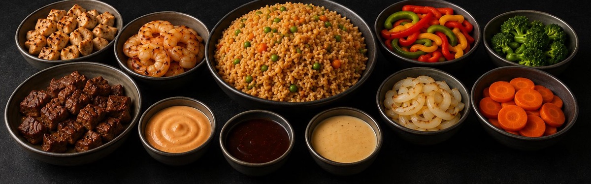 Bowls of chicken, steak, shrimp, fried rice, vegetables and house sauces ready for the grill