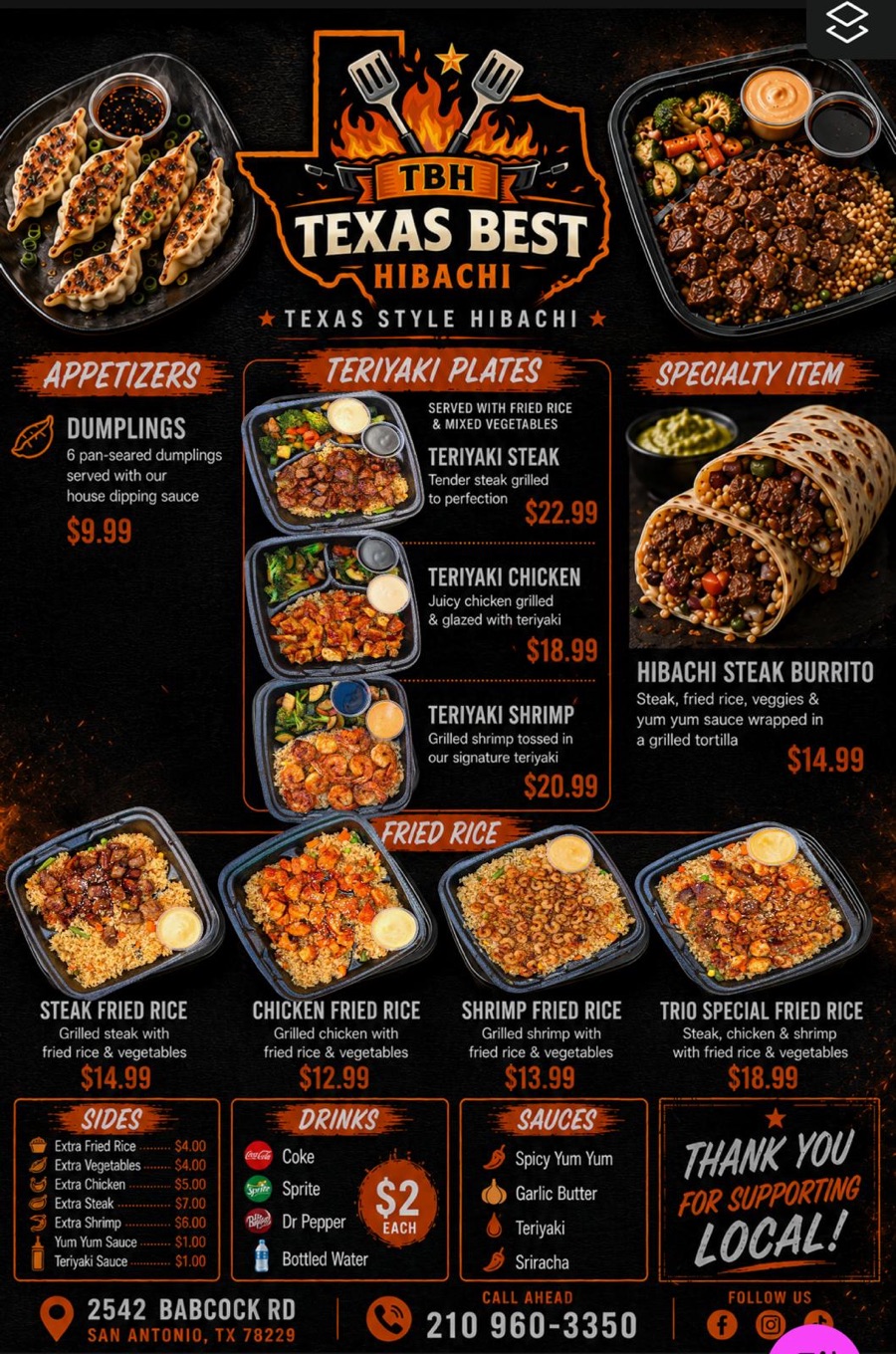 The full Texas Best Hibachi printed menu